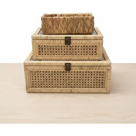Decorative Box,Rattan Display Boxes with Lids,Set of 3-Rectangular Decorative Storage Box Set,Natural Woven Storage Bins for Home Decor$$Home Decor, Kitchen, & Other