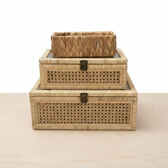 Decorative Box Rattan Display Boxes With Lids Set Of 3-rectangular Storage Woven Bins For Home Decor