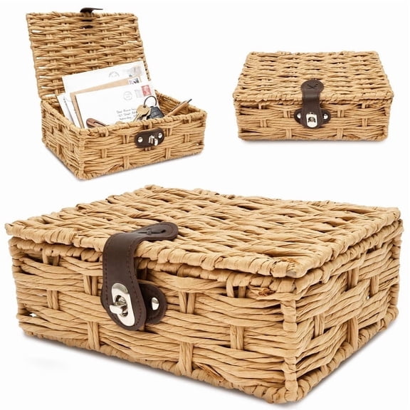 Decorative Box with Lid Paper Rope Storage Basket Paper Rope Woven Decorative Box for Shelf Coffee Table Console Table Home Decor(Small)