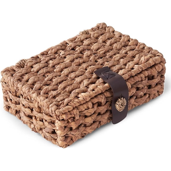 Decorative Box with Lid, Wicker Storage Basket, Water Hyacinth Woven Decorative Box for Shelf,Coffee Table Small