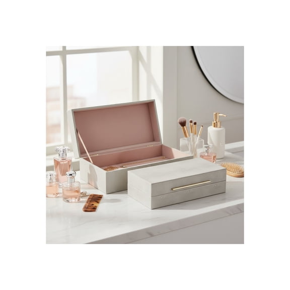 Decorative Faux Leather Boxes with Lid for Home Decor - Elegant Decor Boxes for Jewelry Storage and Keepsake - Stylish Home Organizer for Office or Living Room Decor - Set of 2, 4", 3", Ivory & Gold