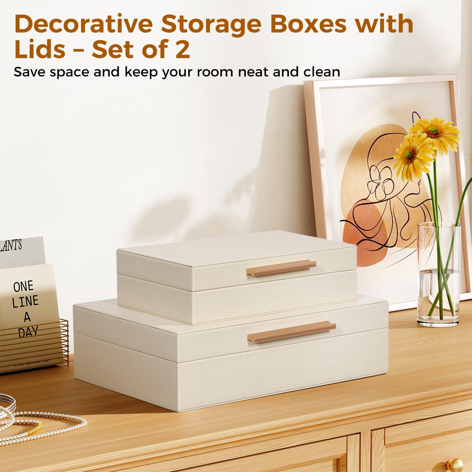 Decorative Boxes With Lids 2-set  Memory Box For Keepsakes Saving Space Beautiful Pu Leather Keepsake Storage Metal Handles Store Photos Documents White