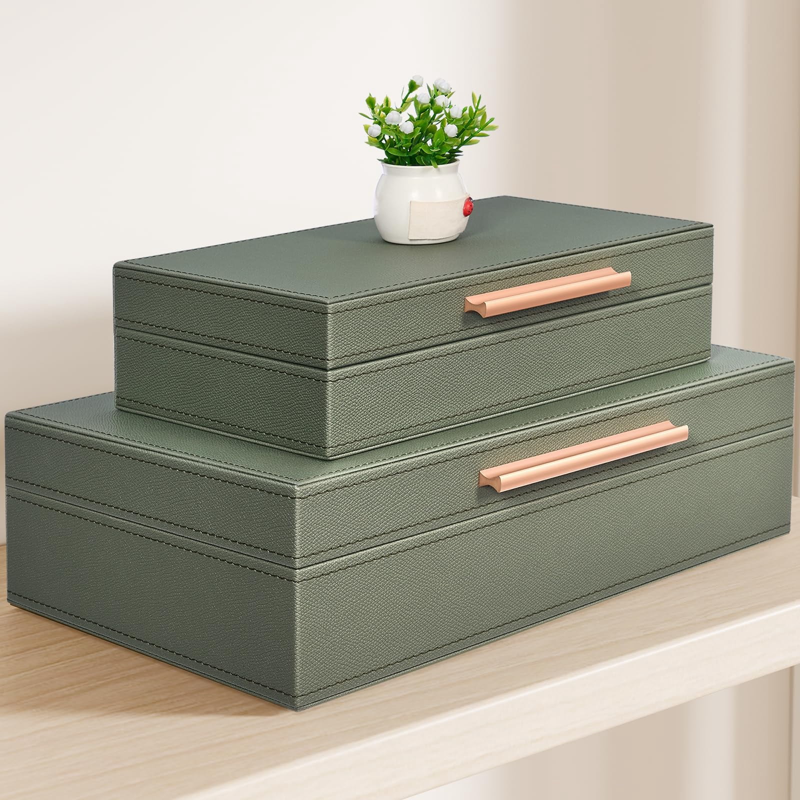 Decorative Boxes With Lids 2-set  Memory Box For Keepsakes Saving Space Beautiful Pu Leather Storage In Style Decor Metal Handles Store Photos Documents Green