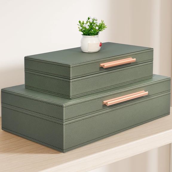 Decorative Boxes With Lids 2-set Memory Box For Keepsakes Saving Space Beautiful Pu Leather Storage In Style Decor Metal Handles Store Photos Documents Green