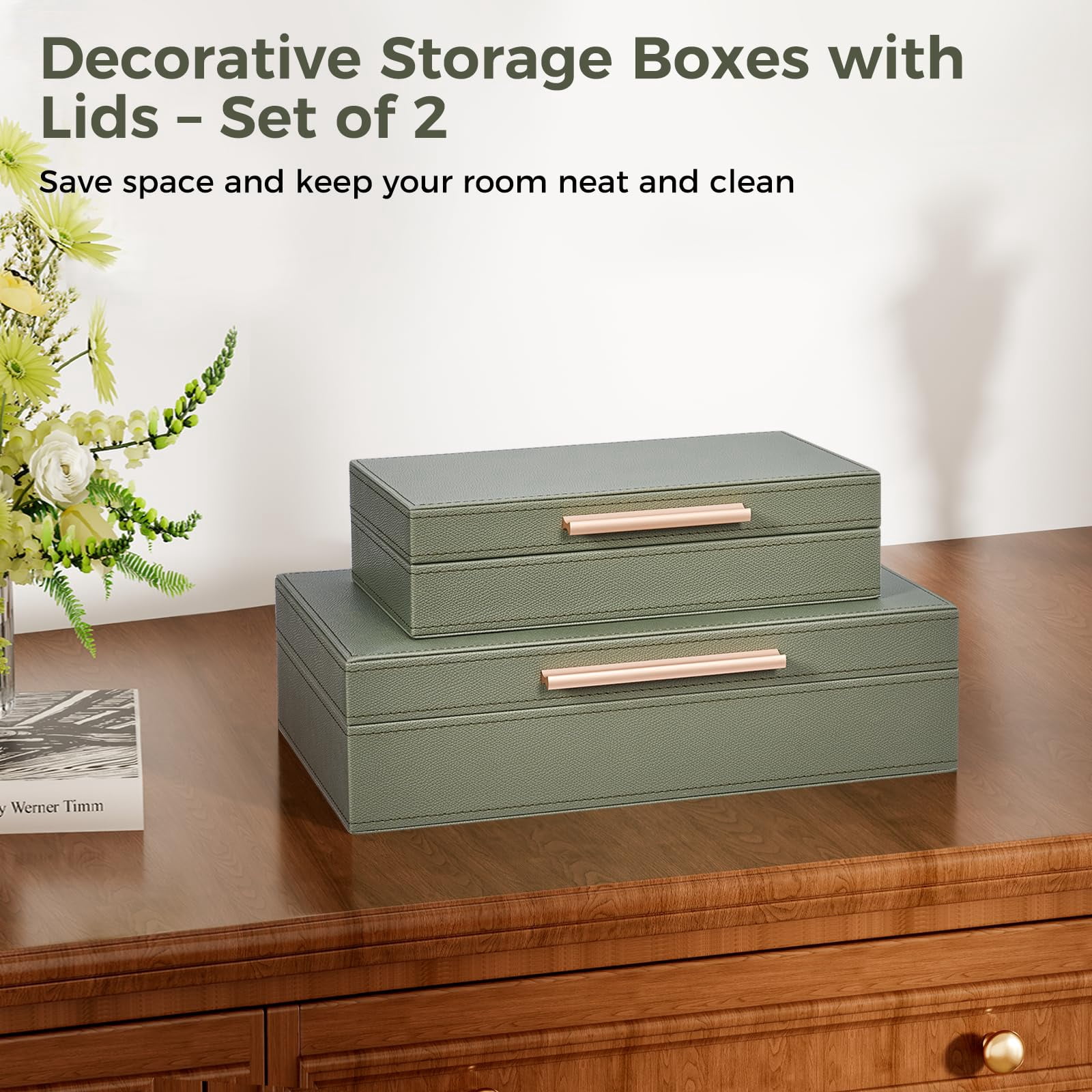 Decorative Boxes With Lids 2-set  Memory Box For Keepsakes Saving Space Beautiful Pu Leather Storage In Style Decor Metal Handles Store Photos Documents Green