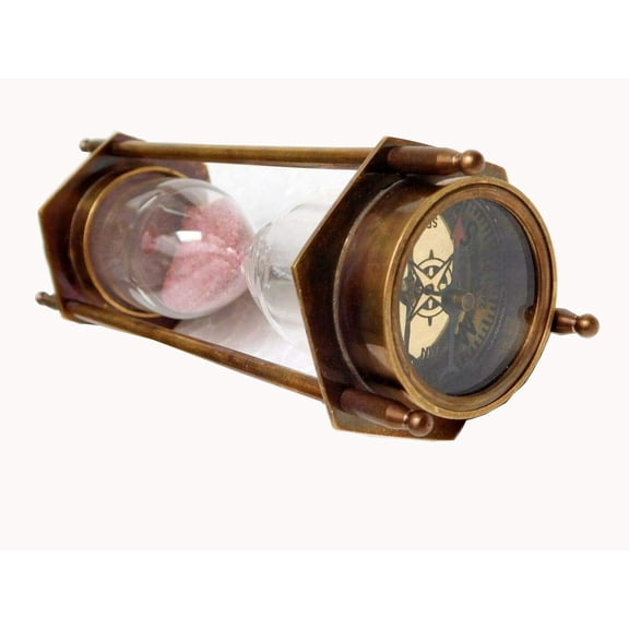 Decorative Brass Sand Timer Hourglass with Compass Vintage Home Decor 3 Minutes 5 Inch