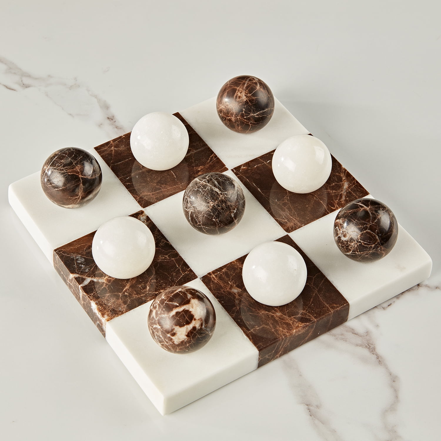 Organic White& Brown Marble Home Decorate, Sturdy Marble Board Tabletop, Marble Classic Tic-Tac-Toe Board, Board for Home, Tabletop Game