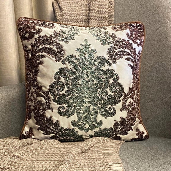 Decorative Brown & Green 16"x16" (40x40 cm) Throw Pillow Covers, Velvet Victorian & Beaded Throw Pillows For Sofa, Damask Pattern Modern Style - Jade Damask