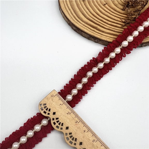 Decorative Burgundy Pearl Lace Ribbon, String Pearls for Craft Decorations, 2 Centimeters Wide 10 Yards Beaded Trim for DIY Ornament