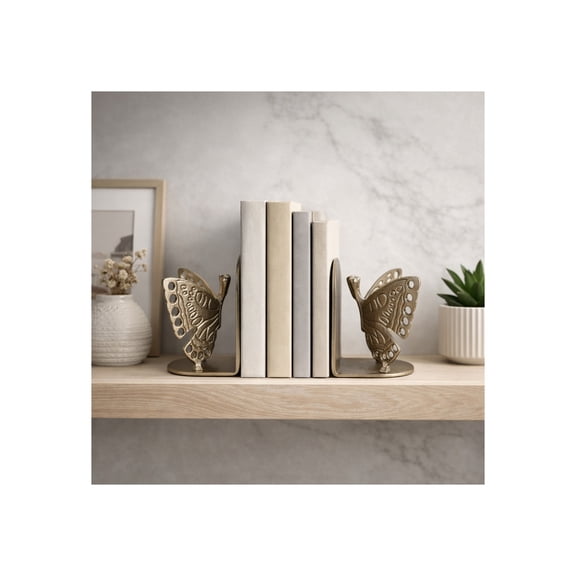 Decorative Butterfly Book Ends for Bookshelf Decor - Elegant Metal Book Accessories for Office Desk and Home Library Decor - Boho Glam Accent for Coffee Table Display - Set of 2, 6", Gold