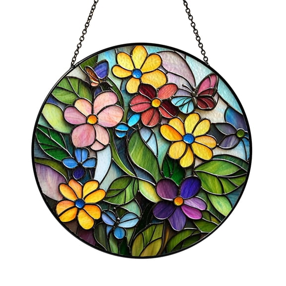Decorative Butterfly Floral Stained Glass Suncatcher Window Hanging, Vibrant Flowers and Butterflies Glass Panel Art, Nature Garden Window Decor, Colorful Spring Sun Catcher Ornament for Home Window