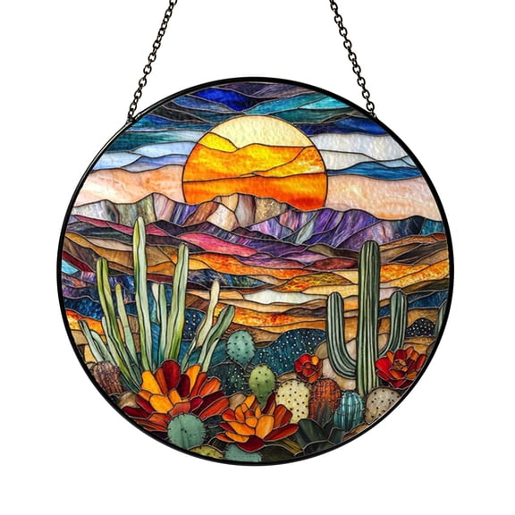 Decorative Cactus Stained Glass Style Window Hanging, Botanical Art Panel, Decorative Glass Style Window Decor for Modern Home Accent