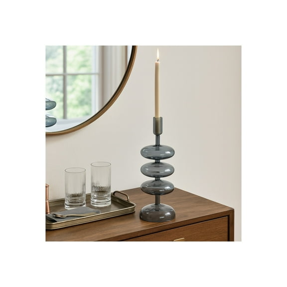 Decorative Candle Holder for Taper Candles – Modern Glass Candlestick Holder with Disc and Sphere Design for Table Decor – Pair with Gold Centerpieces for Tables and Living Room Decor  – 13" Blue