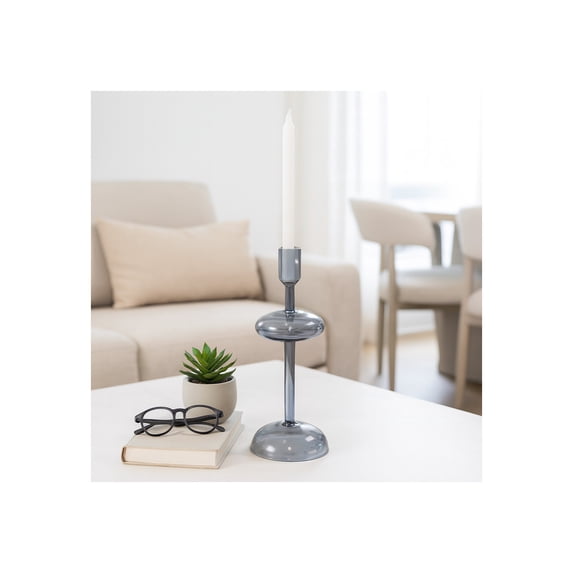 Decorative Candle Holder for Taper Candles - Modern Glass Candlestick Holder with Disc and Sphere Design for Table Decor - Pair with Gold Centerpieces for Tables and Living Room Decor - 10", Blue