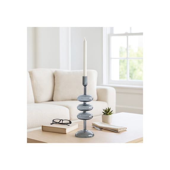 Decorative Candle Holder for Taper Candles - Modern Glass Candlestick Holder with Disc and Sphere Design for Table Decor - Pair with Centerpieces for Tables and Living Room Decor - 13" Blue