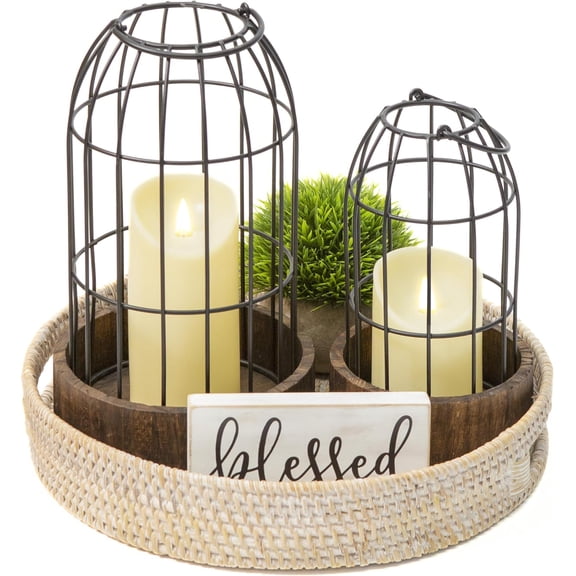 Decorative Candle Lantern, Set of 2 Farmhouse Table Lanterns for Home Decor, Rustic Table Centerpieces for Dining Room, Fireplace Mantle Kitchen Decoration (Walnut)$$Home Decor, Kitchen, & Other