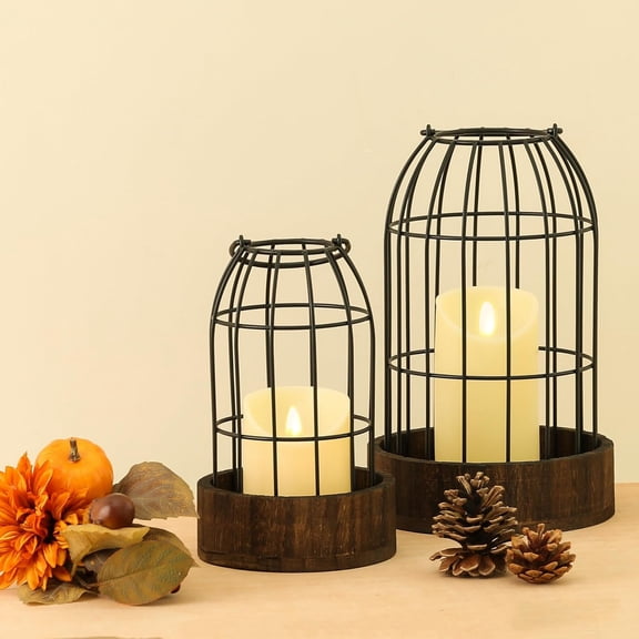 Decorative Candle Lantern, Set of 2 Farmhouse Table Lanterns for Home Decor, Rustic Table Centerpieces for Dining Room, Fireplace Mantle Kitchen Decoration (Walnut)$$Home Decor, Kitchen, & Other