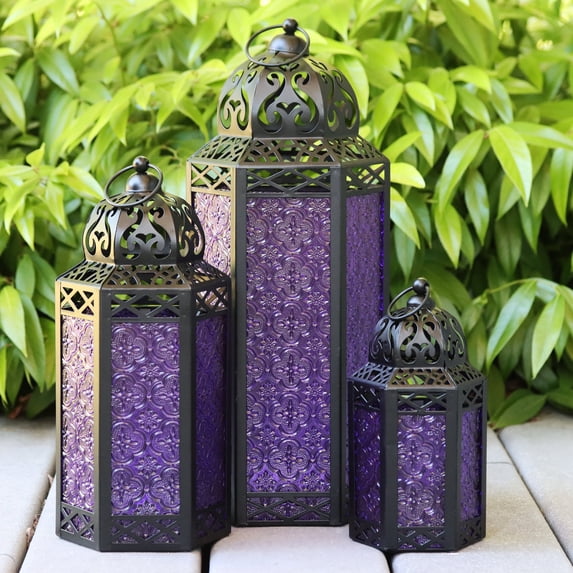 Moroccan Candle Lantern Decorative Set of 3 for Floor, Ramadan Decorations, Indoor Home Decor, Outdoor Patio or Porch, Weddings, Purple