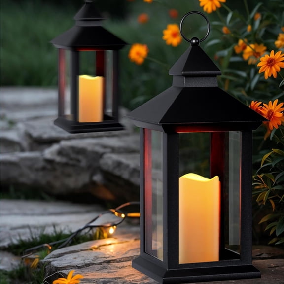 Decorative Candle Lanterns, Black Flameless Candle Lanterns with Timer, Vintage Waterproof Hanging Lanterns, Battery Operated for Porch, Patio, Wedding Decor