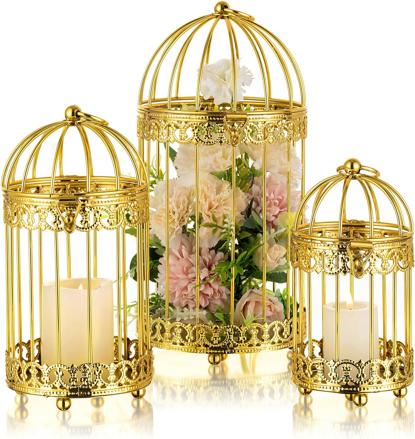 Decorative Candle Lanterns Gold: 3 Set of Tiered Metal Birdcage Lantern ...