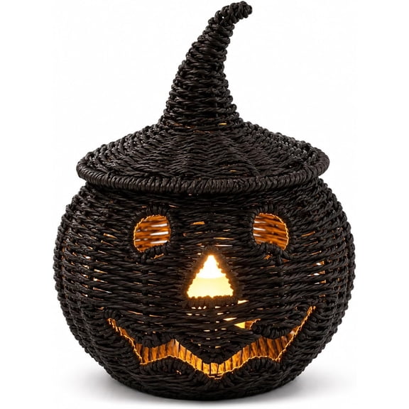 Decorative Candle Lanterns Handwoven Wicker Halloween Jack-O’-Lantern, LED Lighted Pumpkin Basket for Indoor Outdoor Party, Table Porch Fireplace Decor