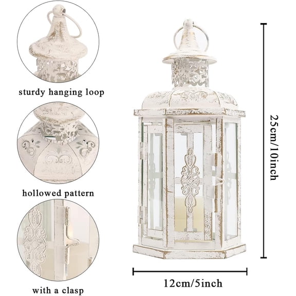 Decorative Candle lantern-10inch High Vintage Style Hanging Lantern Metal Candleholder for Indoor Outdoor Events Parities and Weddings (White with Gold Brush)$$Home Decor, Kitchen, & Other