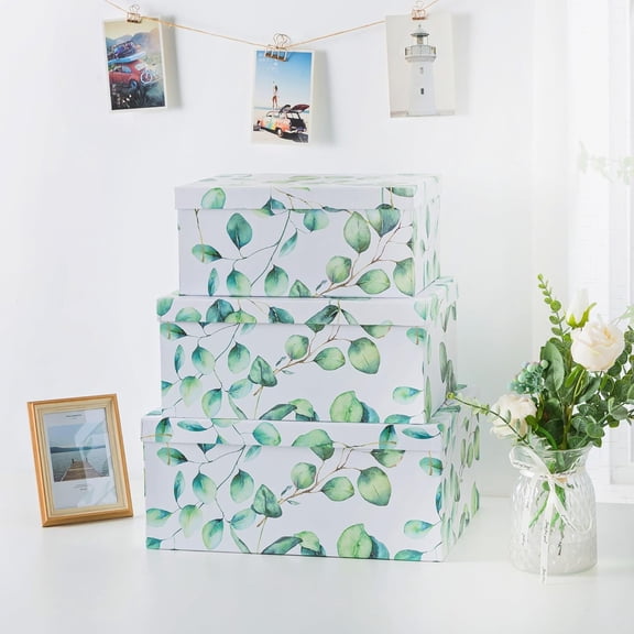 Decorative Cardboard Storage Boxes with Lids for Home Decor and Organization, Set of 3 Large Keepsake Boxes for Memories & Gifts, Nesting Floral Photo Storage Containers, Eucalyptus Leaves