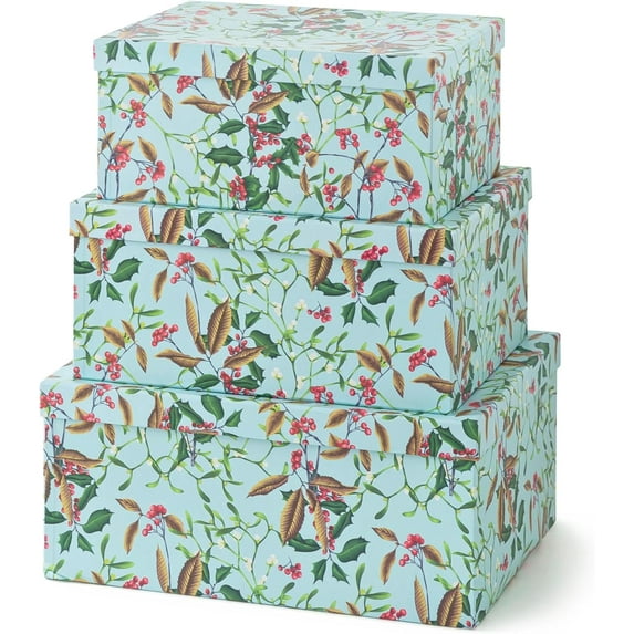 Decorative Cardboard Storage Boxes with Lids for Home Decor and Organization, Set of 3 Large Keepsake Boxes for Memories & Gifts, Nesting Floral Photo Storage Containers, Eucalyptus Leaves