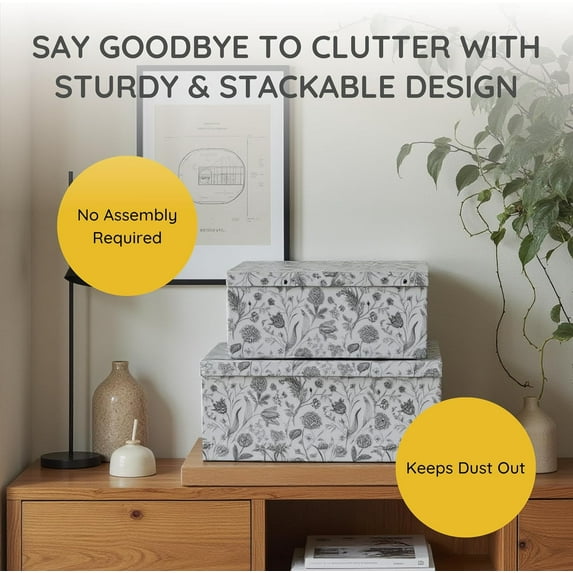 Decorative Cardboard Storage Boxes - Modern Meadow Set of 3, Floral Paperboard Nesting Boxes with Lids for Home Décor, Memory Boxes, Gift Sets