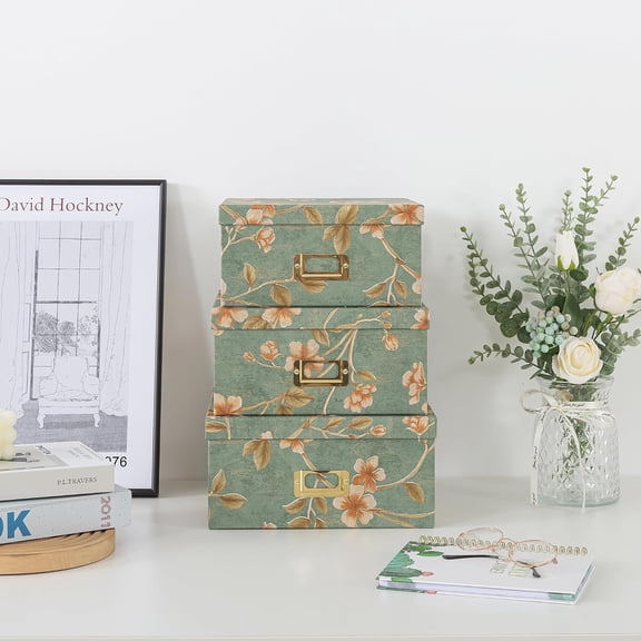 Decorative Cardboard Storage Boxes - Set of 3 Square Stacking Boxes with Lids and Gold Label Holders, Nesting Photo Storage for Decor and Organizing, Botanical Sage