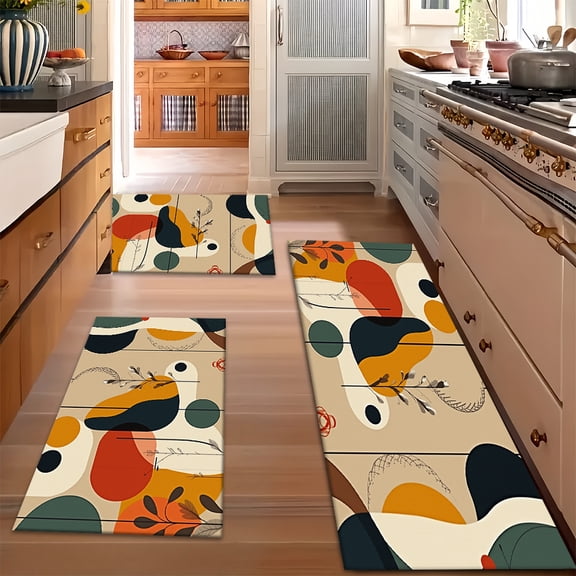 Decorative Carpet Set of Three ,Collection Modern, Abstract, Geometric,Warm Colors Area Rug this geometric floor mat brings texture without visual clutter.