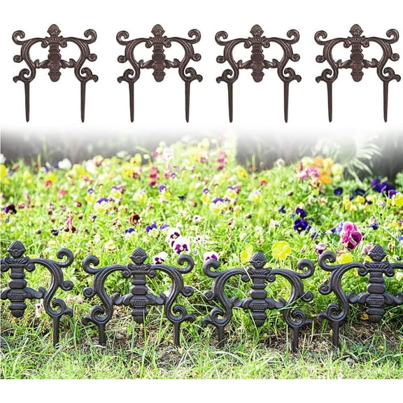Decorative Cast Iron Flower Bed Edging for Landscaping, 4PC Heavy Duty & Sturdy Low Garden Fence, 9.4" Tall Small Picket Fence, Pretty Vintage Lawn Edge Barrier, Outdoor Yard Decor Stakes