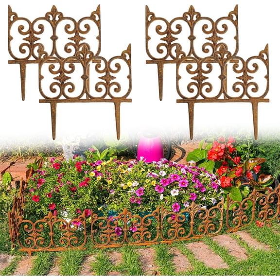 Decorative Cast Iron Garden Edging, 4 Pack Full Rusted Victorian Garden Edging Landscape Border, Vintage Metal Yard Stake Low Picket Fence, 10.6" Tall Outdoor Flower Bed Lawn Fence Panels