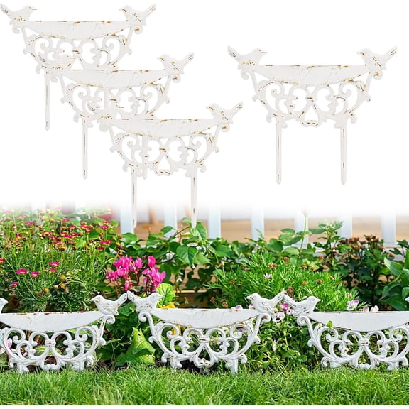 Decorative Cast Iron Garden Edging Border, 4 Pack White Landscape Edging Low Picket Fence, 9.9inch Tall Outdoor Flower Bed Lawn Fence Panels, Vintage Metal Yard Decor Stakes