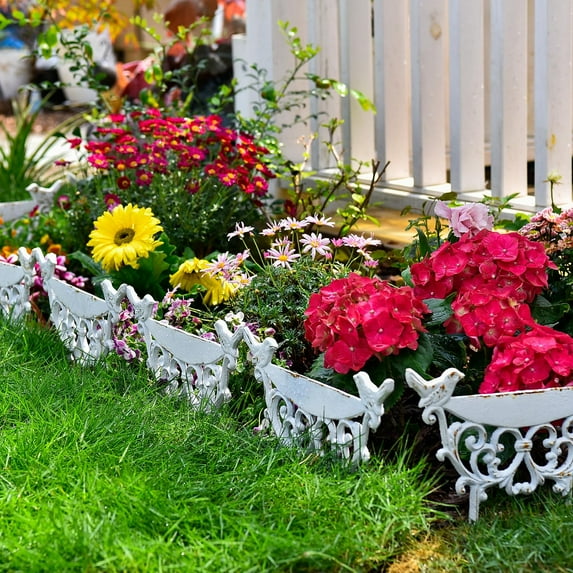 Decorative Cast Iron Garden Edging Border, 4 Pack White Landscape Fence Panels