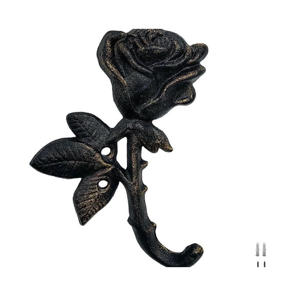 Decorative Cast Iron Hanger Rose Design Storage Accent for Hall Bath Kitchen Alcove, Distressed Metal Fixture Holding Towels Mitts Robes Accessories Securely