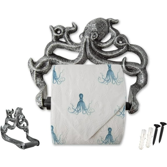 Comfify Decorative Cast Iron Octopus Toilet Paper Holder Wall Mounted Nautical Bathroom Accessory with Screws, Silver and Black