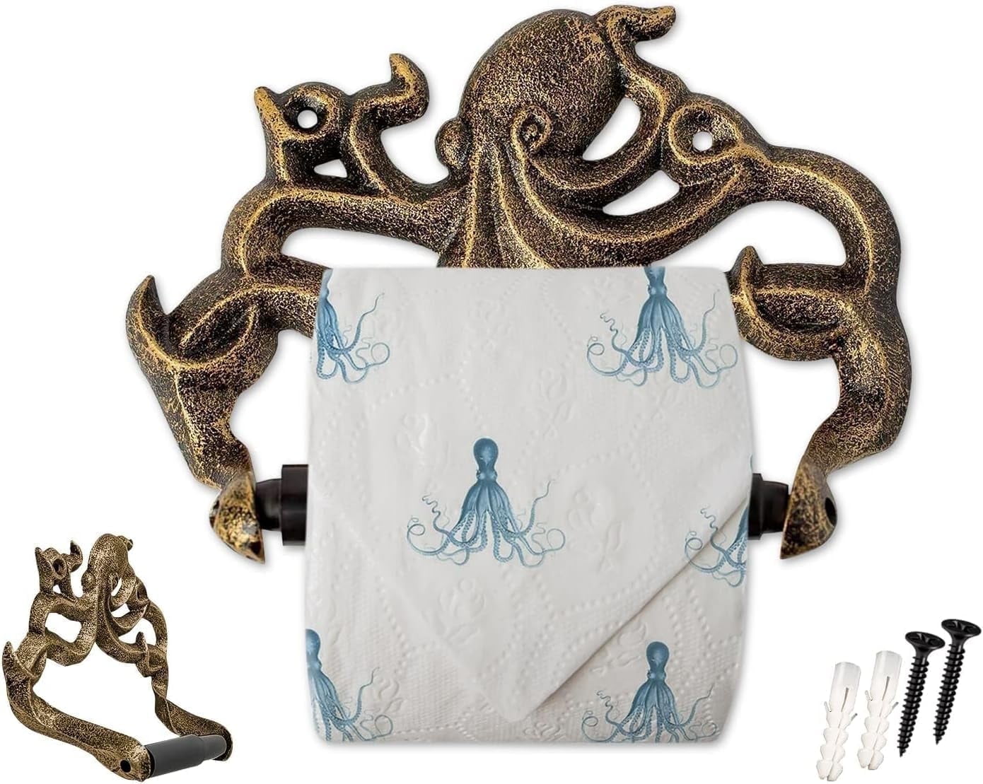 Comfify Cast Iron Octopus Toilet Paper Roll Holder, Wall Mounted Bathroom Tissue Holder with Mounting Hardware, Gold and Black