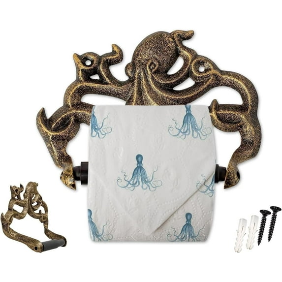 Comfify Cast Iron Octopus Toilet Paper Roll Holder, Wall Mounted Bathroom Tissue Holder with Mounting Hardware, Gold and Black