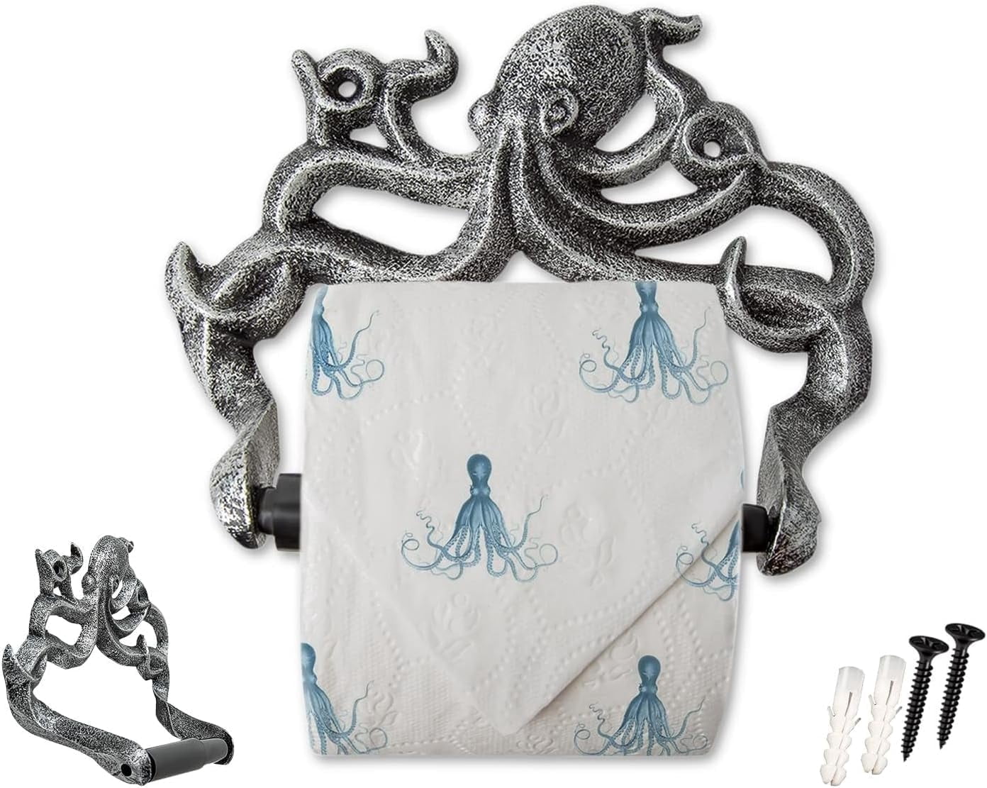 Comfify Cast Iron Octopus Toilet Paper Holder, Wall Mounted Nautical Bathroom Accessory with Screws, Silver/Black