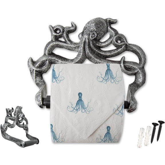 Comfify Cast Iron Octopus Toilet Paper Holder, Wall Mounted Nautical Bathroom Accessory with Screws, Silver/Black