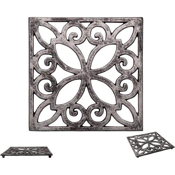 Comfify Cast Iron Trivet, 6.5" Square Decorative Hot Pot Holder with Rubber Feet