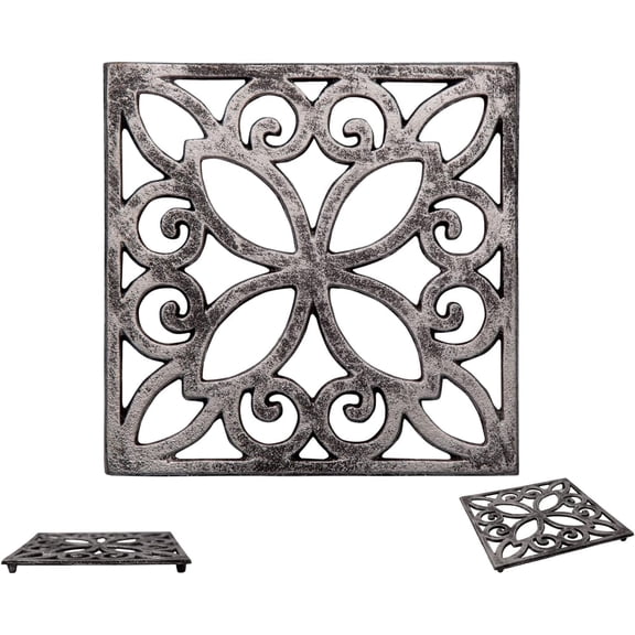 Comfify Silver With Black Cast Iron Trivet – Square 6.5"×6.5" – Rubber Feet