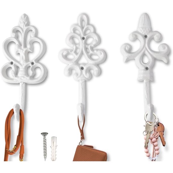 Decorative Cast Iron Wall Hooks, Set of 3 Rustic White Farmhouse & French Country Coat Hooks