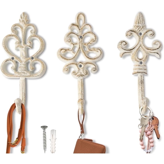 Decorative Cast Iron Wall Hooks, Set of 3 Rustic White Farmhouse & French Country Coat Hooks