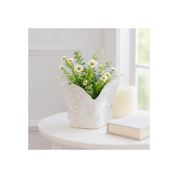 Decorative Ceramic Flower Pots for Home Decor - Indoor and Outdoor Planters with Butterfly Design for Succulents and Garden Plants - Cute Plant Pots for Garden, Patio or Room Decor - 6" Ivory