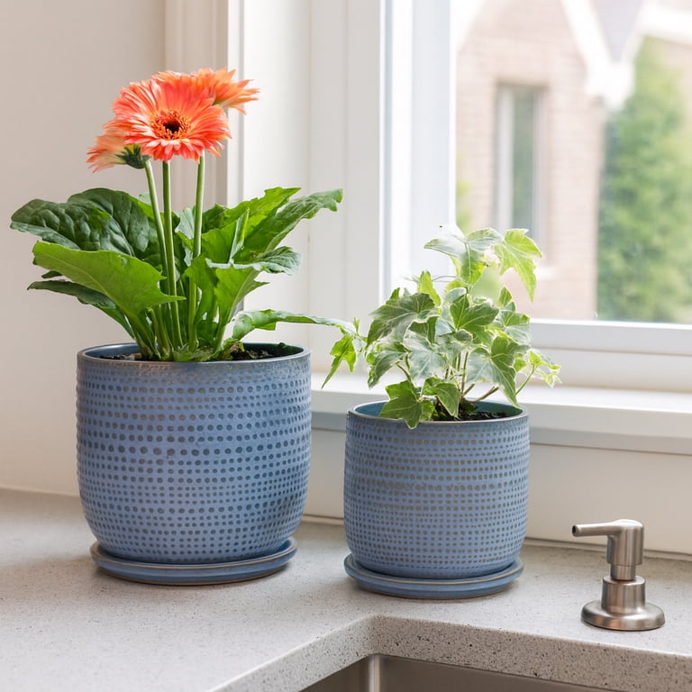 Sagebrook Home Ceramic Textured Planter with Saucer for Home - Pattern for Patio, Backyard & Front Porch Styling Decor