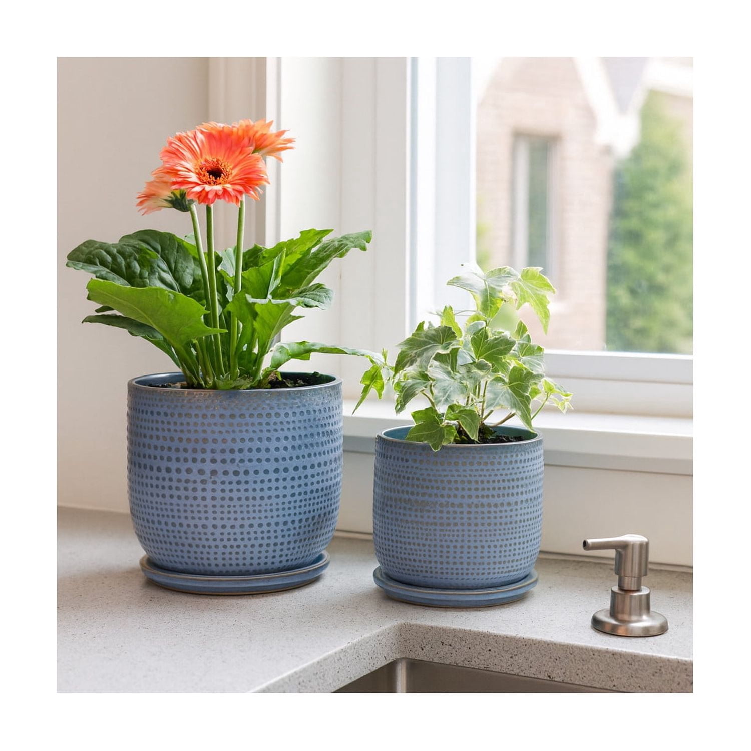 Decorative Ceramic Flower Pots Planters with Saucer - Stylish Modern Indoor and Outdoor Plant Pots for Home Decor - Pots for Plants for Living Room, Patio Plant Stand - Set of 2, 7", 6", Blue