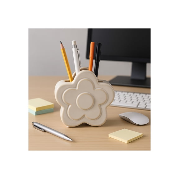 Decorative Ceramic Flower Shape Desktop Organizer for Home Decor - Small Desk Organizer for Office, Workspaces, or Storage - Stylish Office Accessory Decor for Bedroom or Bathroom - 6", Ivory & White