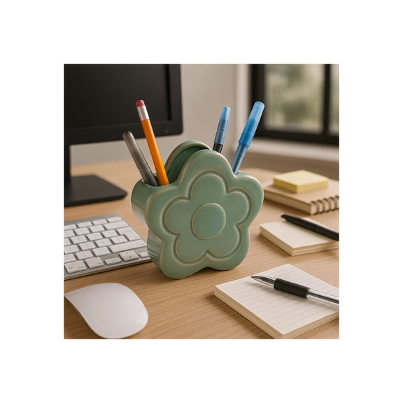 Decorative Ceramic Flower Shape Desktop Organizer for Home Decor - Small Desk Organizer for Office, Workspaces, or Storage - Stylish Office Accessory Decor for Bedroom or Bathroom - 6", Green